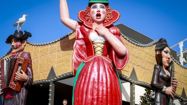 Luna Park unveils latest artworks, soaring carnival style statues by artist Mark Ogge.