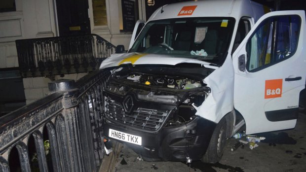 The van used in the London Bridge attack on June 3. Police say homemade petrol bombs were found in the back.