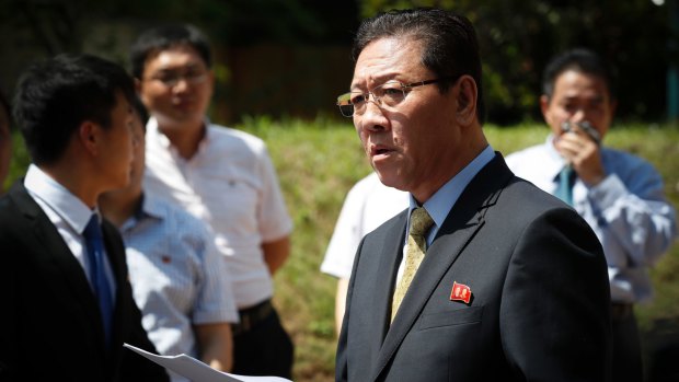 North Korea's Ambassador to Malaysia Kang Chol speaks to the media outside the North Korean Embassy in Kuala Lumpur on Monday.