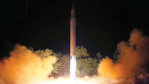 The launch of a Hwasong-14 intercontinental ballistic missile at an undisclosed location in North Korea on July 28.