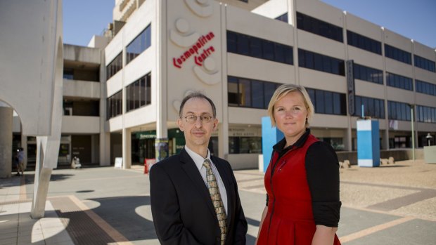 Purdon Planning chief executive Kristi Jorgensen, and George Michalis, director of Michalis Holdings in front of the Cosmopolitan Centre, which may be used as office space for 1100 ACT government staff.