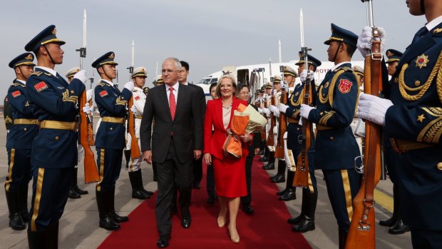 Prime Minister Malcolm Turnbull and Lucy Turnbull arrive in Beijing in April. Sally Cray often travels overseas with the PM.
