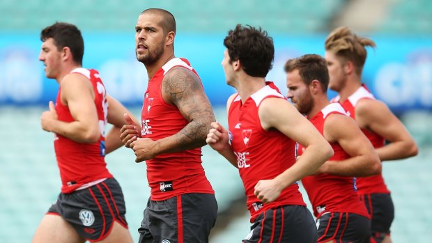 Lance Franklin runs with his teammates during a Sydney Swans training session on Tuesday.