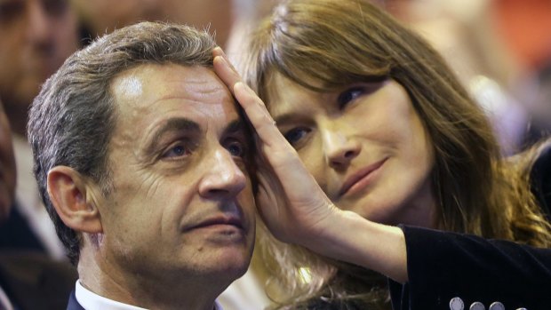 Carla Bruni-Sarkozy, right, with former French president Nicolas Sarkozy at a campaign meeting in Marseille last month.