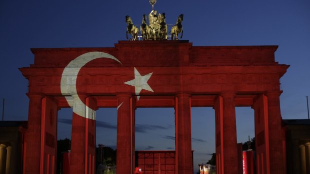 The Turkish flag is projected onto the Brandenburg Gate in Berlin on Wednesday.