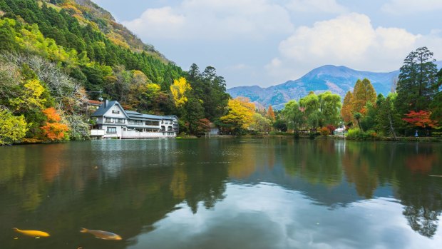 Yufuin, a popular ansen resort in Kyushu sits on Lake Kinrinko.