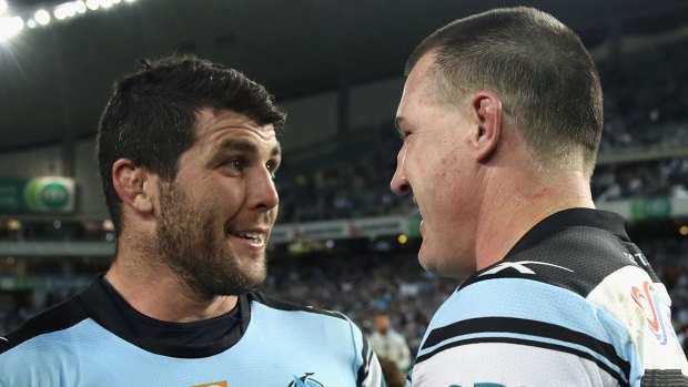 Final ride: Michael Ennis and Paul Gallen after defeating the Cowboys on Friday night.