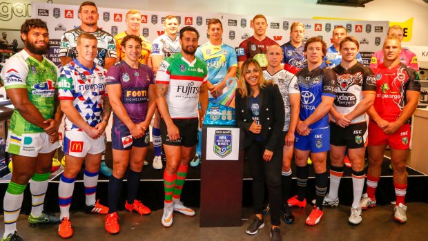 Jessica Mauboy fronts the team representatives at the launch of the Auckland Nines.