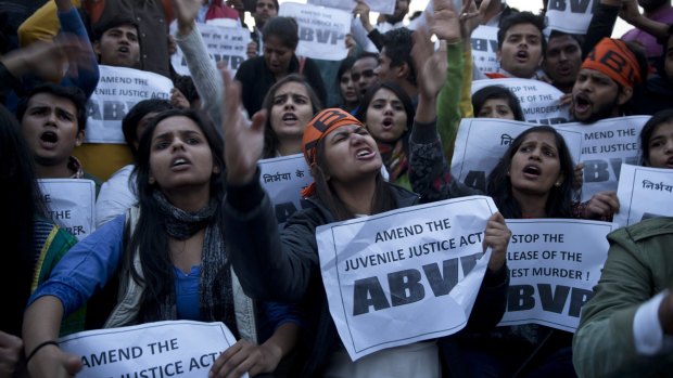Members of the Indian students' organisation ABVP protest against the release of a juvenile convicted of the 2012 rape.