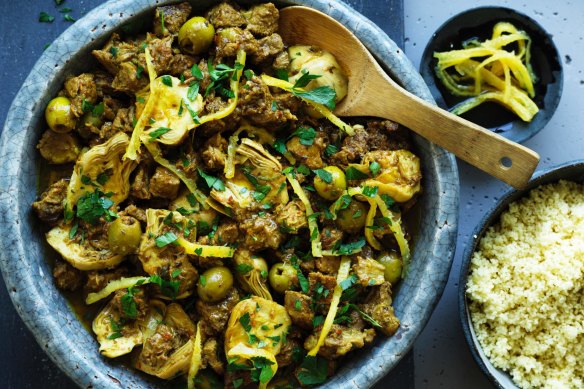 Lamb tagine with preserved artichokes, lemon and green olives