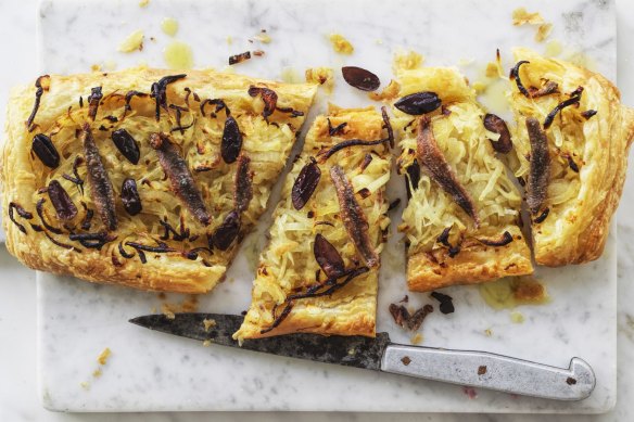 Andrew McConnell's anchovy, onion and olive tart.
