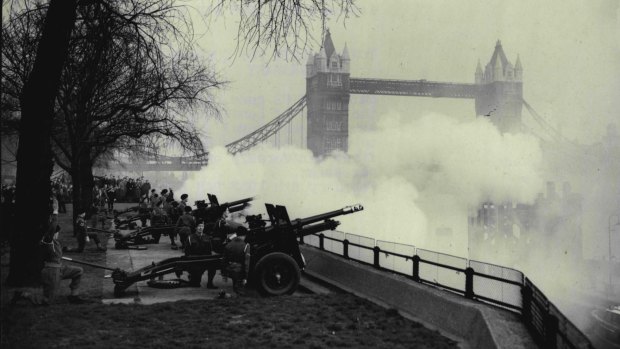 A salute of 62 guns being fired at the Tower of London in honour of the first anniversary of the Queen's accession. February 6, 1953.