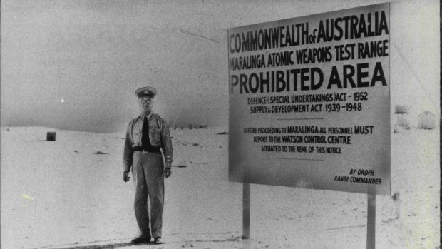 A police guard at one of the entries to the Maralinga atomic weapons test range.