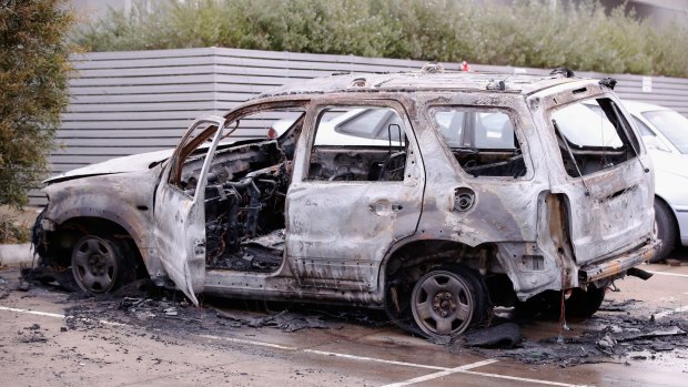 A burnt out vehicle in North Coburg, allegedly used in a police shooting in Moonee Ponds this week. 