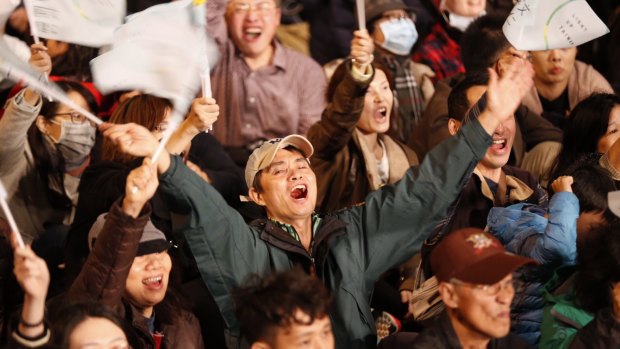 Jubilant scenes at the Democratic Progressive Party headquarters in Taipei as early numbers suggested Tsai Ing-wen was sweeping to power.