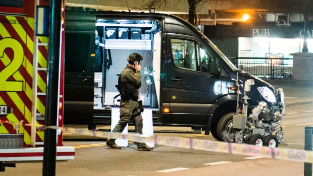 Police respond after a "bomb-like device" was found in Oslo on Saturday.