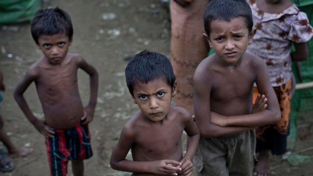Rohingya children gather at the Dar Paing camp for Muslim refugees, north of Sittwe, western Rakhine state, Myanmar.