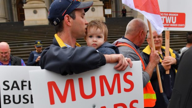 Victorian bus drivers wanting greater protections protest on the steps of State Parliament on November 15, 2016.