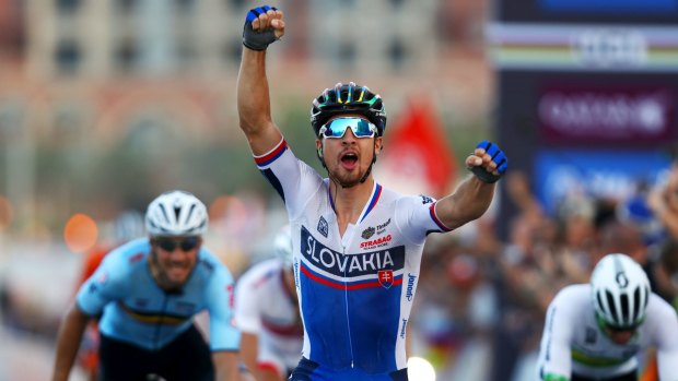 Peter Sagan of Slovakia celebrates victory as he crosses the finish line in the Elite Men's Road Race on day eight of the UCI Road World Championships on October 16, 2016 in Doha, Qatar. (Photo by Bryn Lennon/Getty Images)