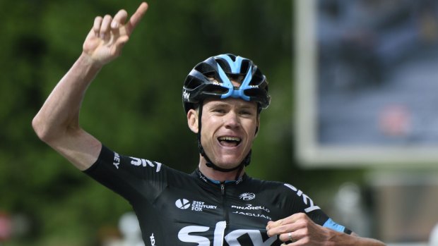 Chris Froome crosses the line after breaking away on the final climb of the Criterium du Dauphiné. 