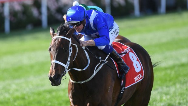 The best: Hugh Bowman rides Winx to victory in the Cox Plate at Moonee Valley last year.