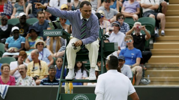 Stoush: Kyrgios remonstrates with the umpire. 