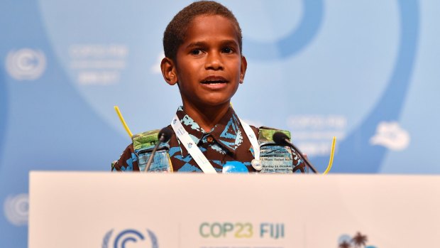 Timoci Naulusala, a boy from Fiji, delivers a speech during the 23rd COP in Bonn on Wednesday.