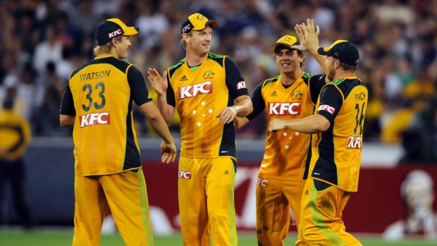 Australia celebrates a golden moment during a home Twenty20 in 2011.