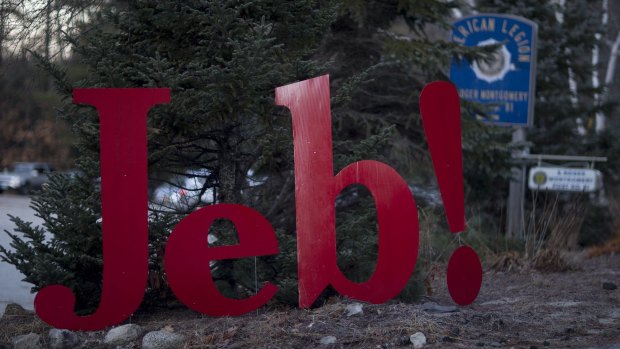 A "Jeb!" campaign sign stands outside in Contoocook, New Hampshire. Jeb Bush has spend $US28.9 million but receives considerably less coverage than Donald Trump.