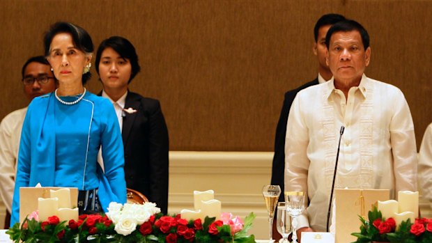 Philippine President Rodrigo Duterte, right, with Myanmar's State Counsellor Aung San Suu Kyi during an official visit to Myanmar on Monday.