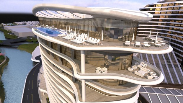 An artist impression of Echo Entertainment's planned six-star hotel on the Broadbeach site of Jupiters Casino. Echo's 17-floor hotel will stand on the island currently occupied by Jupiters Casino.
