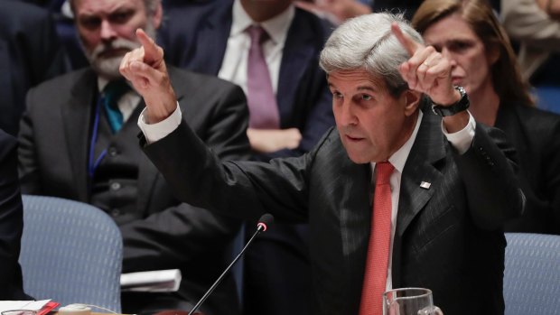 US Secretary of State John Kerry speaks during a heated Security Council meeting.