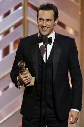 Jon Hamm accepts the award for best actor in a TV drama series at the Golden Globe Awards in 2016.