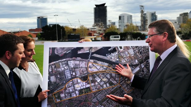 Former Victorian Premier Denis Napthine (right) and Planning Minister Matthew Guy (left) announce the Fisherman's Bend urban renewal in 2013.