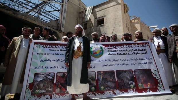 Members of the Higher Council for Civilian Community Organization protest the deadly Saudi-led airstrike on a funeral hall in Sanaa, Yemen.
