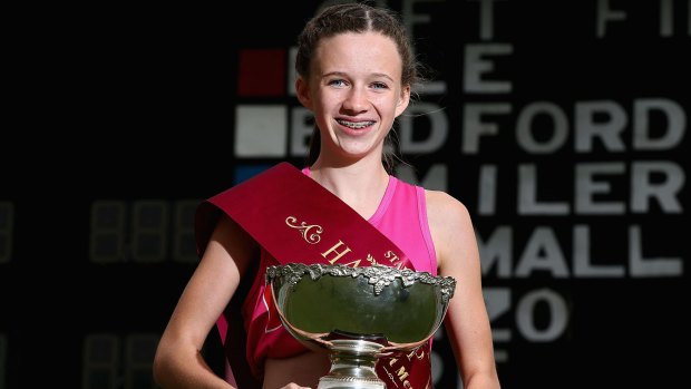 Talia Martin with the Stawell Gift trophy.