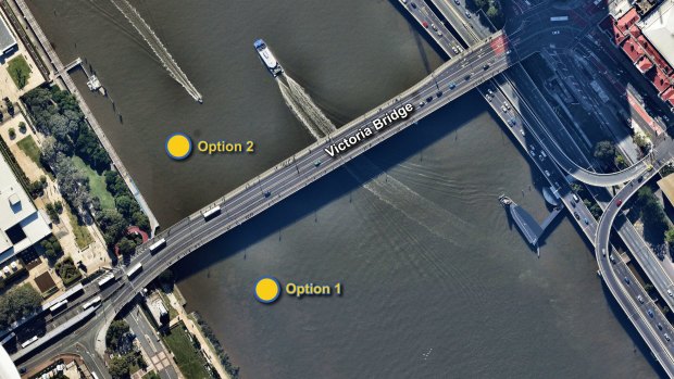 Proposed locations for the Daphne Mayo fountain in the Brisbane River