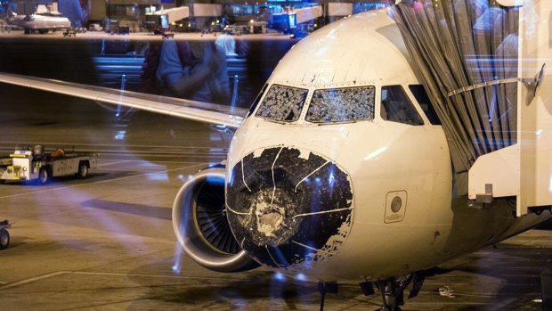 The Delta plane that made an emergency landing in Denver after being caught in a hail storm.
