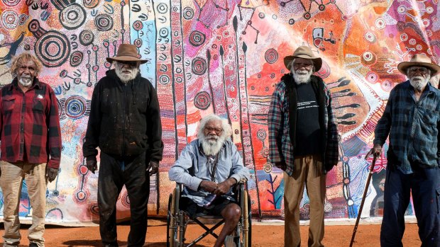 The men's collaborative work is part of the Nganampa Kililpil – Our Stars exhibition at the Hazelhurst Regional Gallery.
