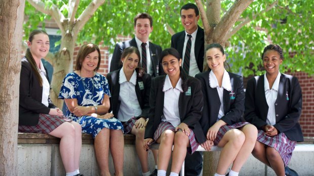 Principal Jane Donovan with students (from left) Courtney Reylin, Carley Bonaccorso, Luke Clinch,  Jasmine Kumar, Isaac Camilleri, Gabriella Raco and Shirley Chaparadza.