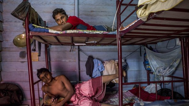 Rohingya refugees inside their temporary shelter in Aceh, Indonesia, in October.