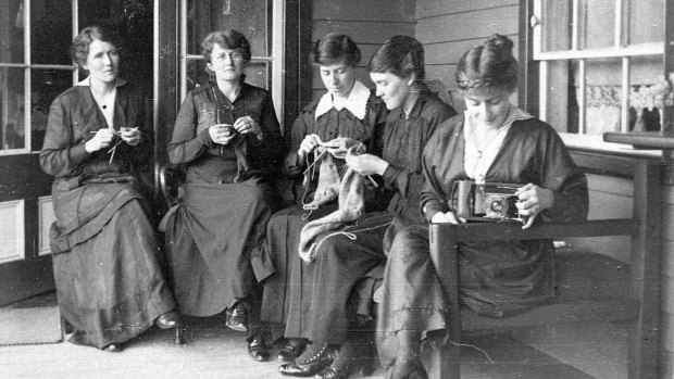 Women knitting for the war effort.