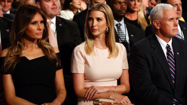 Melania Trump, left, Ivanka Trump, centre, and vice-presidential candidate Indiana Governor Mike Pence.