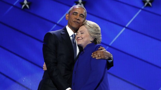 Barack Obama hugs  Hillary Clinton after delivering a stirring speech endorsing her. 