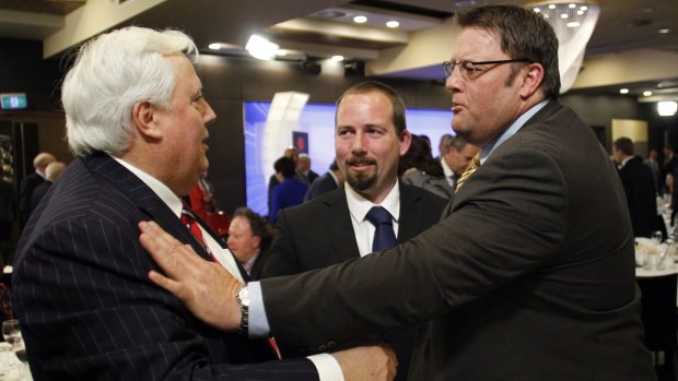 Happier times: Glenn Lazarus with Clive Palmer and Motoriing Enthusiast senator Ricky Muir in 2013. 