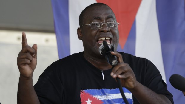Cuban dissident Jorge Luis Garcia Perez, also known as Antunez, speaks during a protest in Miami against the decision to normalise ties with Cuba.