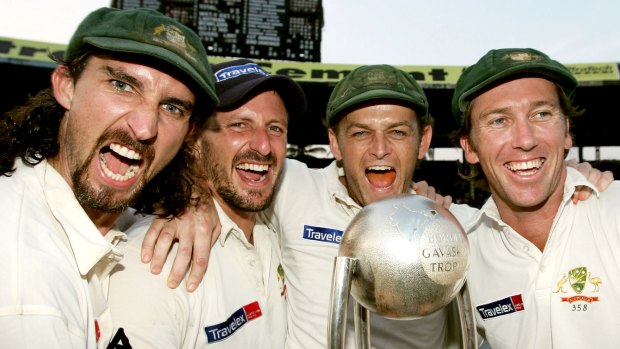 Rare occurrence: The Australians celebrate their series win in India in 2004.