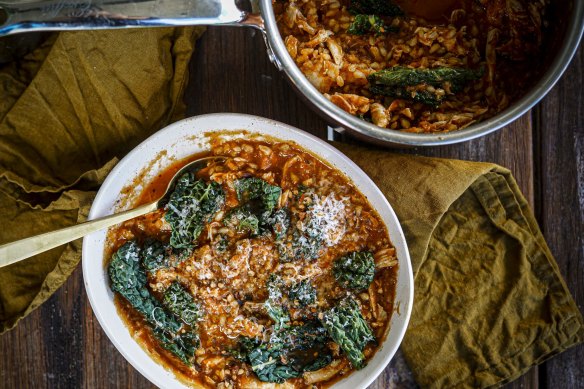 Smoky tomato soup with shredded chicken, cavolo nero and cheese.