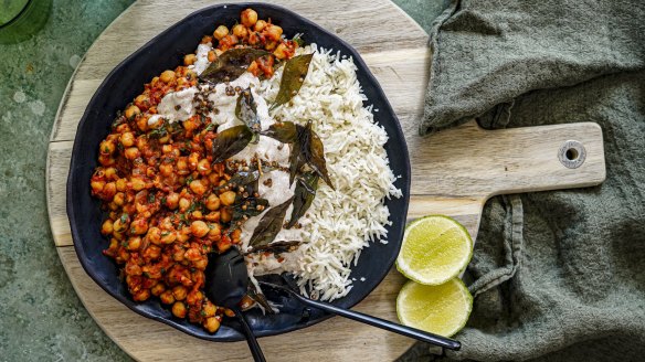 Crispy curry leaves and coriander seeds add zing to this curried chickpea stew.