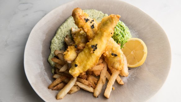 Flathead with hand-cut chips, mushy peas, green goddess sauce and lemon.